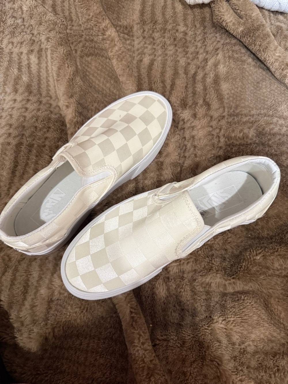 Vans Slip-On Checkerboard Sneakers in Cream & White